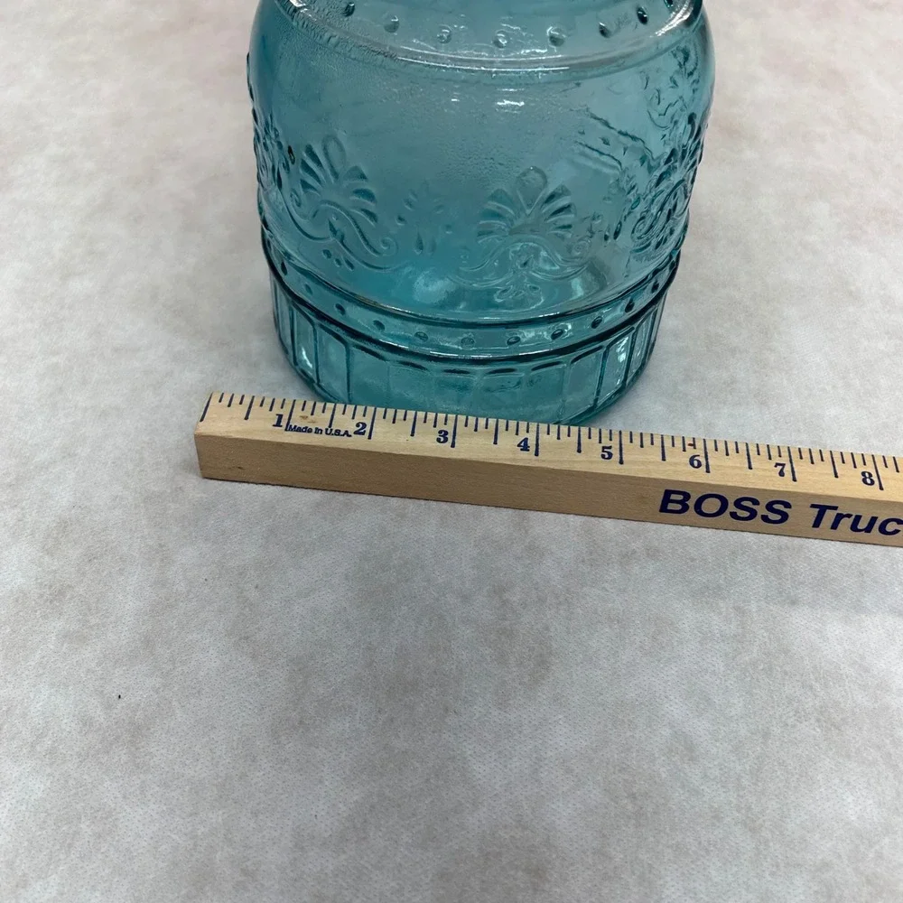 Pioneer Woman Jar Aqua Blue Embossed Glass Canister Kitchen Decor 53‎ oz.